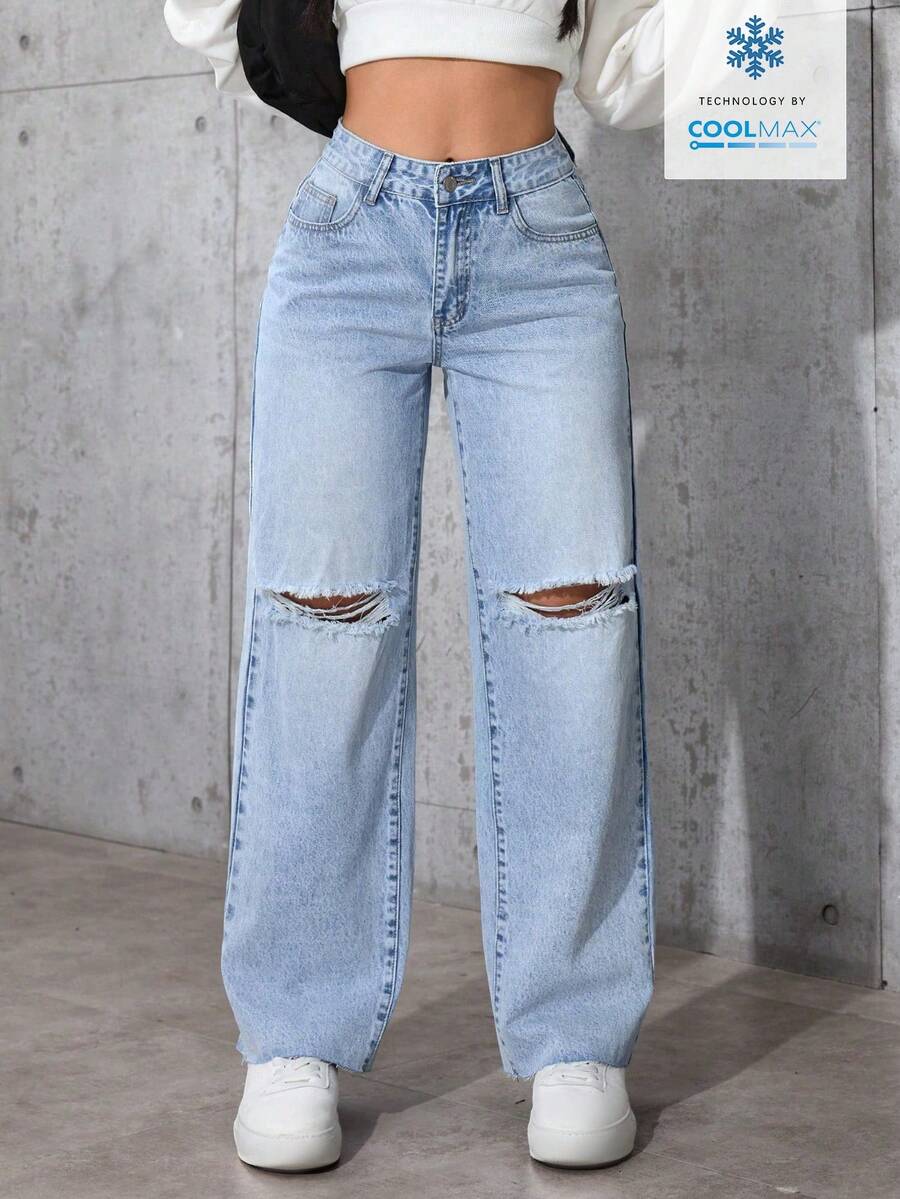 SHEIN PETITE 女士休闲百搭日常穿搭口袋纽扣做旧阔腿牛仔裤 - 淺色水洗藍 - 查看 1