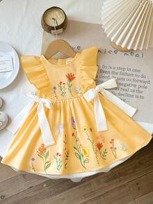 SHEIN Babygirl Cute Floral Print Bow Ruffle Hem Casual Vacation Dress - Yellow - View 6