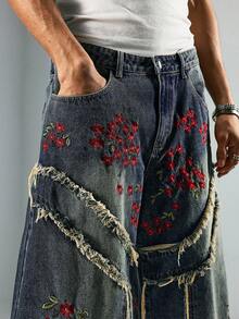 ROMWE MEN Street Life 男士印花做旧牛仔裤，带腰带环 - 藍色 - 查看 2