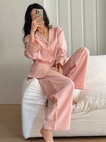 DAZY 2pcs Women Striped Textured Fabric Embroidered Ruffle Trim Puff Sleeve Pajama Set - Pink - View 6