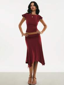 Poéselle Women's Set Backless Cowl-Drape Top & Asymmetric Handkerchief-Hem Midi Skirt – Wine Red Two-Piece Date-Night Co-Ord Two Piece Set Women, Backless Top, Cowl Back Blouse, Asymmetric Skirt Outfit, Wine Red Dress Set, Handkerchief Hem Skirt, Date Night Co Ord, Elegant Summer Matching Set Elegant Drape Neck Backless Fitted Cropped Top And Hanky Hem Mini Skirt 2 Pieces Set, Summer Outfit Spring Outfit Women Valentine's Day Valentine Outfits For Women Carnival Women Vacation Outfits Women Red Top&Red Skirt - Burgundy - View 6