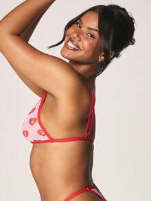 Missguided x Playboy Printed Mesh Heart Pattern Triangle Bra And Thong Lingerie Set With Contrast Trim For Valentine - Multicolor - View 5