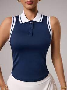 Dewbera Women's Striped Print Half-Zip Sleeveless Sports Polo Shirt - Navy Blue - View 3