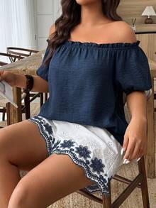 Weeklong Plus Size Women Spring/Summer Matching Contrast Color Eyelet Embroidery Casual/Work Suit Set - Multicolor - View 6