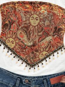 Soleia Atasan Bandeau Rajut Motif Matahari Patchwork Manik-manik Rantai untuk Liburan Wanita Ukuran Plus, Cocok untuk Pesta Natal, Kencan, Klub Malam, Pantai, Pelayaran, Liburan, Minum Teh Sore, Gaya Bohemian, Boho, Liburan, Pakaian Wanita Musim Gugur, Vintage - Jeruk - View 3