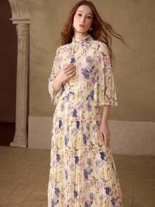 MOTF PREMIUM WOMEN'S PLEATED LOOSE ELEGANT PRINTED LONG DRESS, SPRING/SUMMER - Apricot - View 4