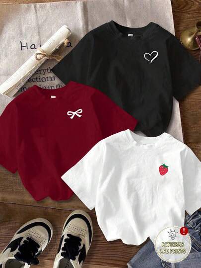 Attitoon Set de 3 camisetas cortas de mujer de manga corta y cuello redondo con estampados minimalistas casuales de corazón, lazo y fresa