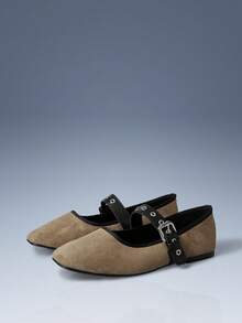 CUCCOO GRLICON 女士休闲时尚平底鞋，铆钉搭扣设计 - 卡其色 - 查看 2