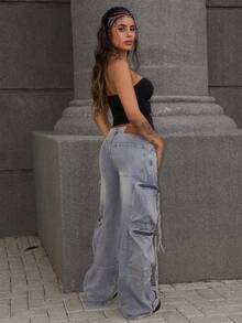 破洞工装牛仔裤，带多个拉链口袋，Y2K 风格阔腿抽绳细节，街头时尚秋冬 - 卡其色 - 查看 5