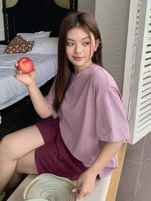 Dazy Plus 两件套休闲家居服，宽松短袖上衣和松紧腰短裤，大码女式睡衣，春夏款 - 紫色 - 查看 7