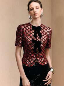 Arave Women's Velvet Sequined Top,Straight Shoulders,Fitted Waist,Puff Sleeves,Bow Design,Elegant Party,Summer,New Year,Modern Red And Black Party Top - Red - View 4