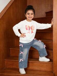 Girls' Long Sleeve T-Shirt With Cute Bow Print & Blue Straight Leg Jeans,Back-To-School Casual Light Pink Outfit,Autumn School Relaxed Fit Set - Multicolor - View 4