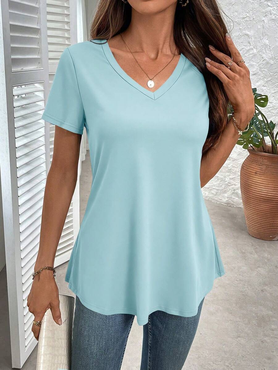 EMERY ROSE Women's Casual Solid Color V-Neck Loose Short Sleeve T-Shirt, Summer - Baby Blue - View 1