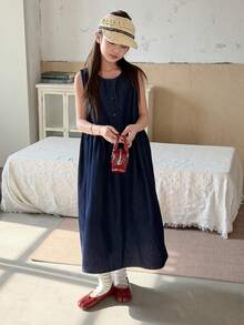 DAZY Tween Girls' Round Neck Sleeveless Denim Dress - Blue - View 3