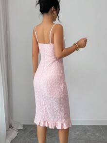 Elenzga New Arrival Elegant Sexy French Style Textured Jacquard Design Spaghetti Strap Backless Fitted Bodycon Mini Dress With Frill Trim For Women - Pink - View 7