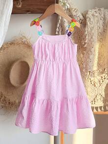 SHEIN 女童彩色花卉丝带拼接条纹A字连衣裙，适合日常休闲和节日场合 - 粉色 - 查看 6