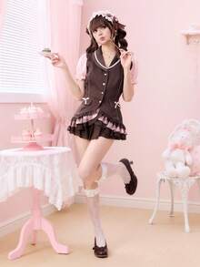 ROMWE Kawaii Cute Sweet Pink Plaid Patchwork Lace Trim Cake Skirt For Women - Multicolor - View 8