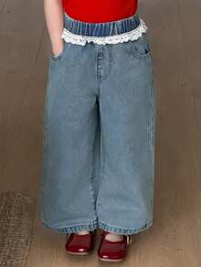 DAZY 少女弹力腰心形贴片蕾丝拼接休闲百搭日常阔腿牛仔裤 - 藍色 - 查看 6