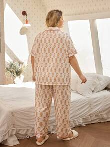 CottageSlumber Plus Size Floral Print Ruffle Collar Cardigan Short Sleeve & Pants Pajama Set - Multicolor - View 2