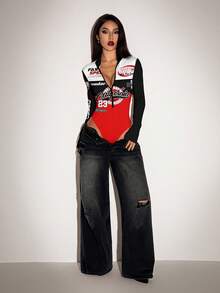 SHEIN ICON Women's Fashion Printed Zipper Long Sleeve Bodysuit - Multicolor - View 4