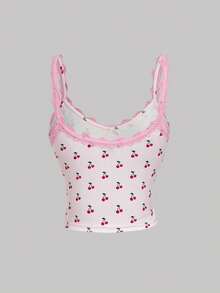 SHEIN MOD 三件套樱桃印花吊带背心套装，蕾丝边饰蝴蝶结，田园可爱风，复古浪漫风，适合花园茶会、约会、女士春夏装、春假度假等场合。 - 彩色 - 查看 8