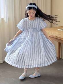 DAZY 少女圆领短袖连衣裙 - 藍白色 - 查看 6