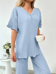 RueChic 2Pcs/Women's Button Details And Lettuce Trim Detail Homewear Lounge Set - Baby Blue - View 3