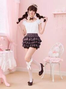 ROMWE Kawaii Quần short nữ phối ren chấm bi tương phản màu, cạp chun, điểm nhấn bèo nhún đáng yêu. - màu nâu - Xem 2