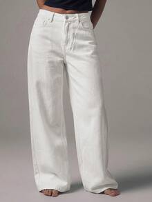 MUSERA 中腰阔腿牛仔裤，中蓝色水洗银色纽扣细节，中腰休闲，适合秋季、冬季、夜间外出、返校、办公室、工作、约会等场合，是经典牛仔风的春夏之选。 - 白色 - 查看 6