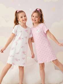 2件套女童卡通云朵印花圆领睡衣连衣裙，针织荷叶边透气柔软睡衣，适合春夏穿着，也是送给少女的绝佳礼物。 - 粉色 - 查看 3