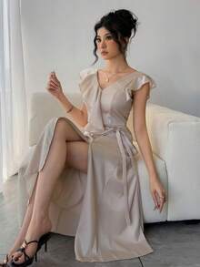 DAZY Đầm dài ngang gối màu trơn thanh lịch dành cho nữ, đầm maxi dự tiệc cưới mùa hè, đầm cocktail. - Màu be - Xem 5