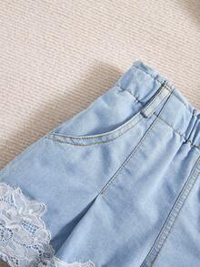 SHEIN Young Girls Summer Washed Denim Shorts, Casual Elastic Waist Loose Fit Wide Leg Lace Trim Blue Jeans Shorts - Blue - View 5