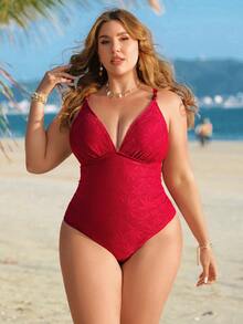 Swim Lushoire Áo tắm liền thân lưới họa tiết lá dành cho nữ cỡ lớn - Đỏ - Xem 3