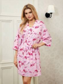 The Winx X SHEIN Women's Letter & Cartoon Figure Graphic Belted Robe - Pink - View 5