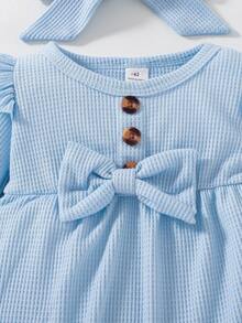 Baby Girls' Round Neck Ruffle Trim Bowknot Decor Waffle Romper - Blue - View 5