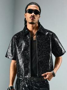ROMWE MEN Street Life Spring/Summer Casual Graphic Men'S Fashion Pu Texture Zipper Short Sleeve Shirt - Black - View 5