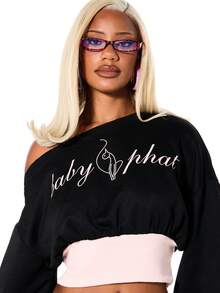 BABYPHAT 露肩宽松套头卫衣，饰有猫咪图案和粉色撞色下摆，情人节休闲长袖上衣 - 黑色 - 查看 6