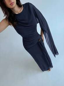 Aloruh Women's Solid Color Round Neck Flowy Dress - Navy Blue - View 4