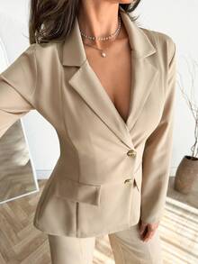 EURMUSE 女士纯色金色纽扣细节西装外套 - 米色 - 查看 2