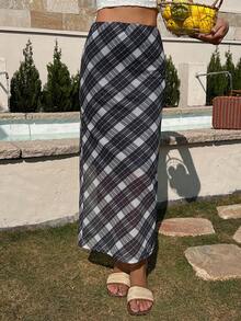 DAZY Women's Casual Plaid Long Skirt, Summer - Dark Grey - View 2