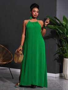 Slaydiva Plus Size Sage Green Summer Boho Beach Holiday Dress,Sleeveless High Slit Sides Wrap Yacht Dress,Women's Casual Cruise Travel Wedding Guest Outfits - Green - View 10