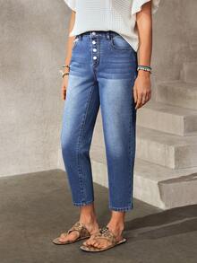 EMERY ROSE Women's Pocket Button Casual Versatile Commuting Denim Jeans - Blue - View 8