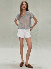 SoleilVie 女士碎花波西米亚复古衬衫，休闲宽松短袖上衣，浪漫休闲女式上衣，夏季度假必备上衣 - 綠色 - 查看 5