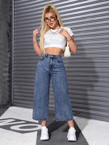 Rivivi 纯色斜插口袋休闲百搭阔腿牛仔裤 - 淺色水洗藍 - 查看 5