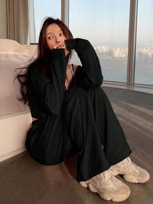 DAZY 女士纯色拉链外套和长裤两件套优雅运动套装，女士连帽家居服套装 - 黑色 - 查看 3