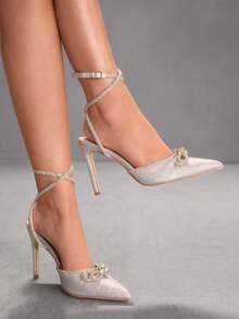 CUCCOO SZL Women's Rhinestone Bow Ankle Strap Stiletto High Heels Pointed Toe Sexy Low Vamp Shoes Bridal Banquet Ball Dress Shoes Christmas Valentine's Day Wear Valentine's Day - Silver - View 8