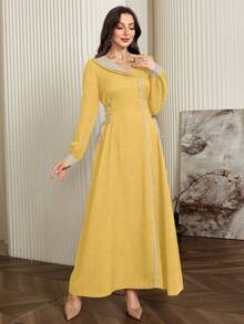 Modelyn Contrast Color Trim Drawstring Waist Slim Strap Elegant Dress - Yellow - View 8