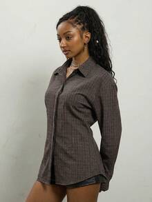 COUREZ 格纹长袖束腰衬衫 / 夏季上衣 Y3K Y2K 复古风 - 咖啡棕 - 查看 3
