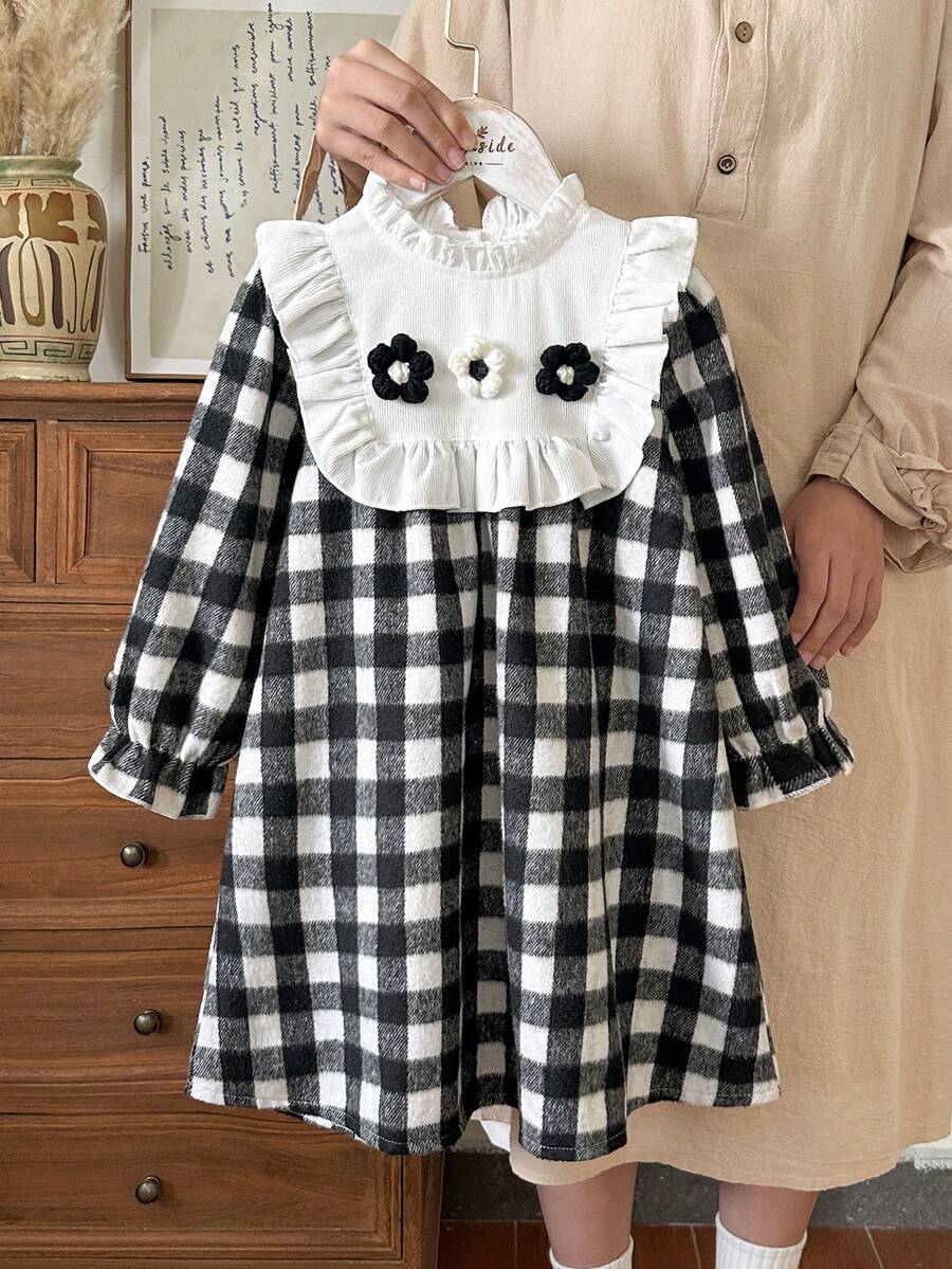 Vintaside Kids Đầm dài tay họa tiết kẻ caro 3D dễ thương cho bé gái, thích hợp mặc mùa xuân, thu, đông, trong nhà và ngoài trời, mặc hàng ngày. - màu đen - Xem 1