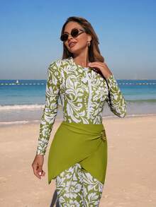 Swim Mulvari Set de 3 piezas de bikini de playa de verano para mujer, parte superior de manga larga con cremallera y estampado aleatorio, pantalón largo + falda con decoración metálica de unicolor, traje de baño modesto de resort para mujeres, conjunto de vacaciones de verano para mujeres, traje de baño modesto para mujeres - Multicolor - Ver 5